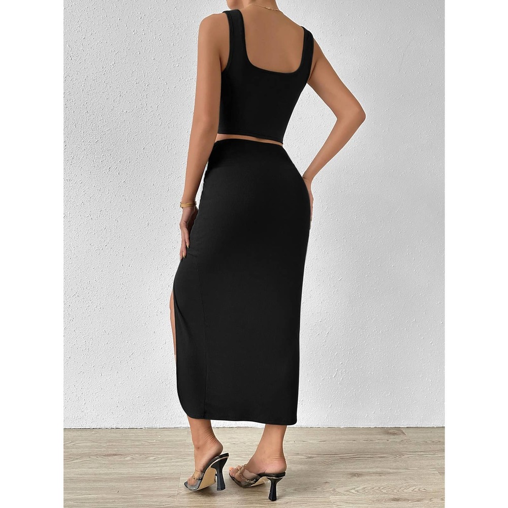 two piece set: Tank Top & Twist Front Split Thigh midi Skirt black - Picture 2 of 11